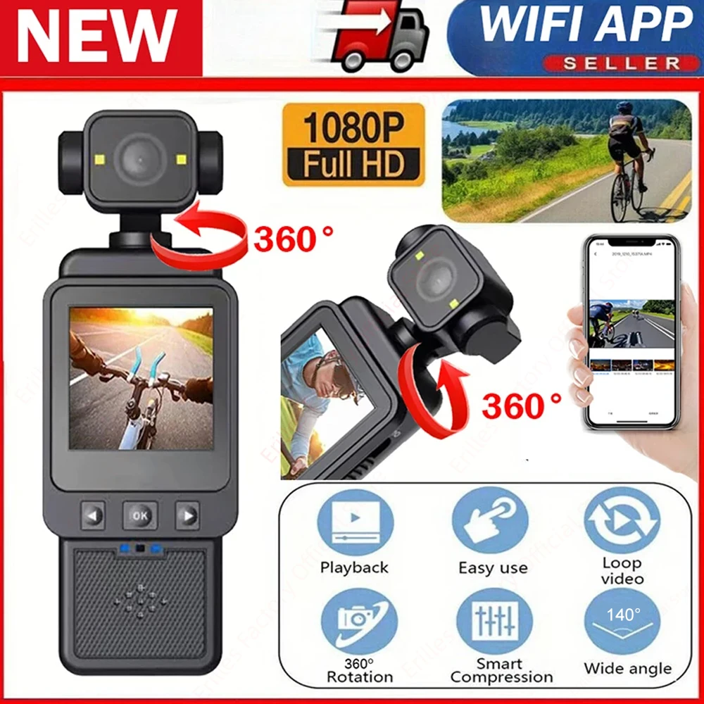 كاميرا الحركة 1080P HD واي فاي شاشة 1.54 بوصة كاميرا الحركة الرياضية 360 °   عدسة قابلة للدوران لمسجل فيديو لخوذة السفر وسائق الدراجة