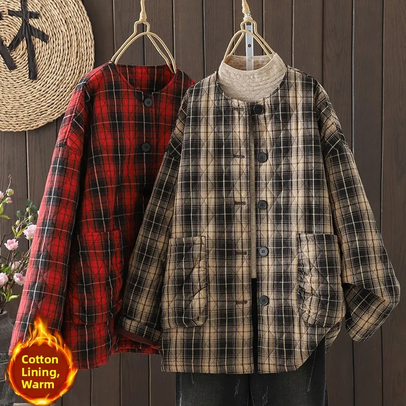 

Lightweight Cotton Jaet Women's Midi Loose Fit Autumn Winter Plaid round Ne Coat Casual Outerwear Thiened Long Sve