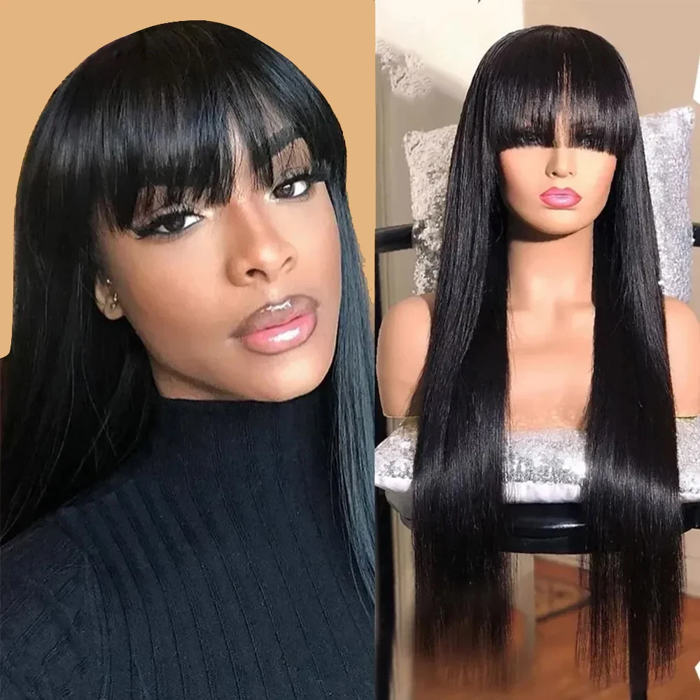 Bone Straight 13x4 Transparent Lace Frontal Human Hair Wig With Bangs 30 Inch Brazilian Remy Hair Wigs For Black Women On Sales