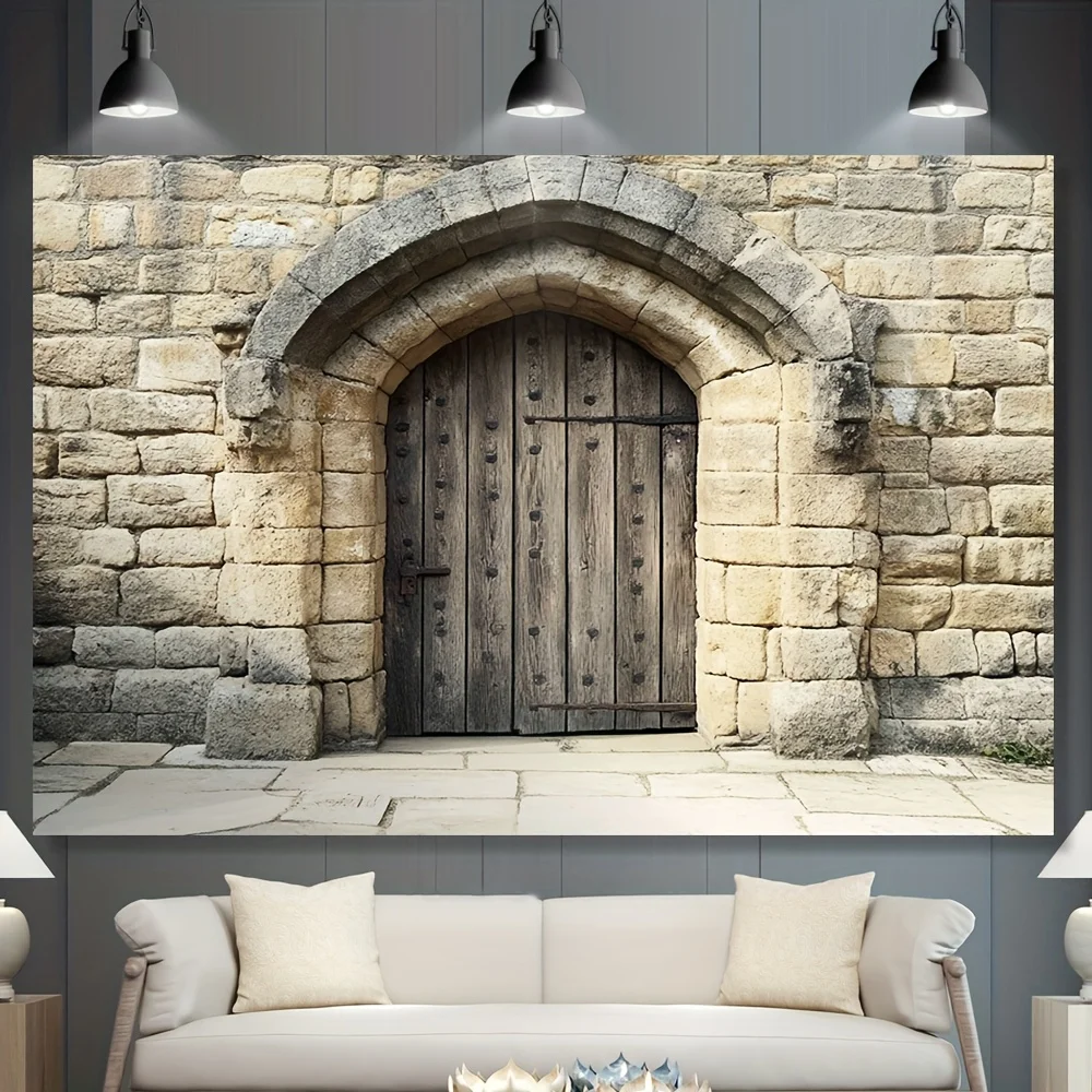 قطعة واحدة من خلفية حائط حجر القدس القديمة - قماش معلق عالي الجودة بتصميم قوس قديم وباب خشبي #5