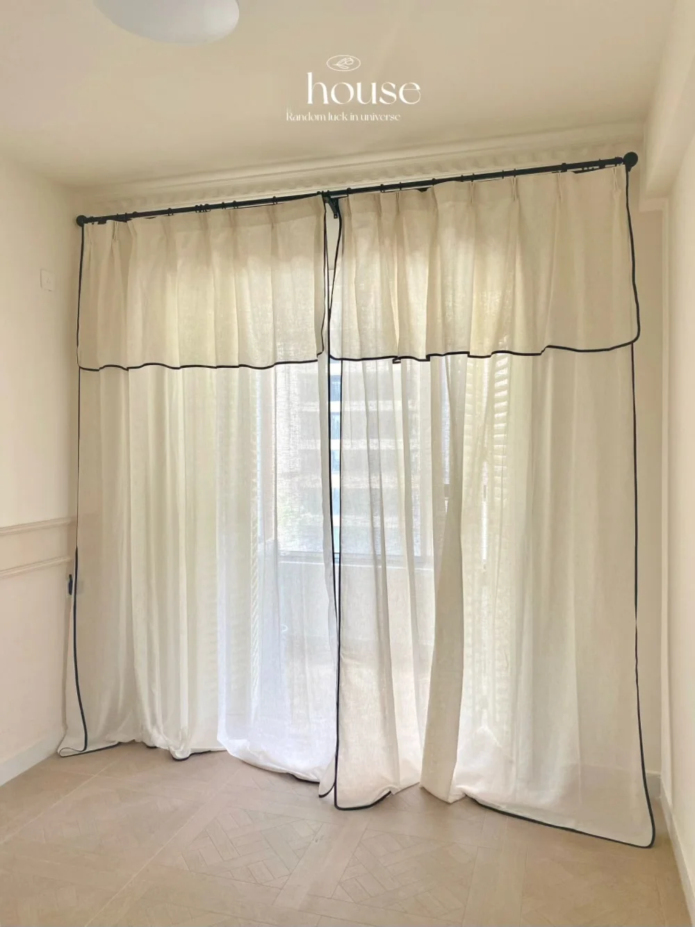 French Black Edges Screen Curtains with Valance Janpanese Simple White Linen Gauze Curtains for Living Room Bedroom Soft Fabrics