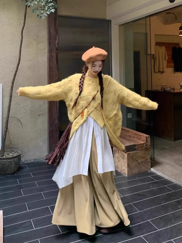 

Travel Fashion Women's Autumn Winter Sweater Shirt Wide Leg Pants Three Piece Set Vacation Casual Vintage Style Polyester Fabric