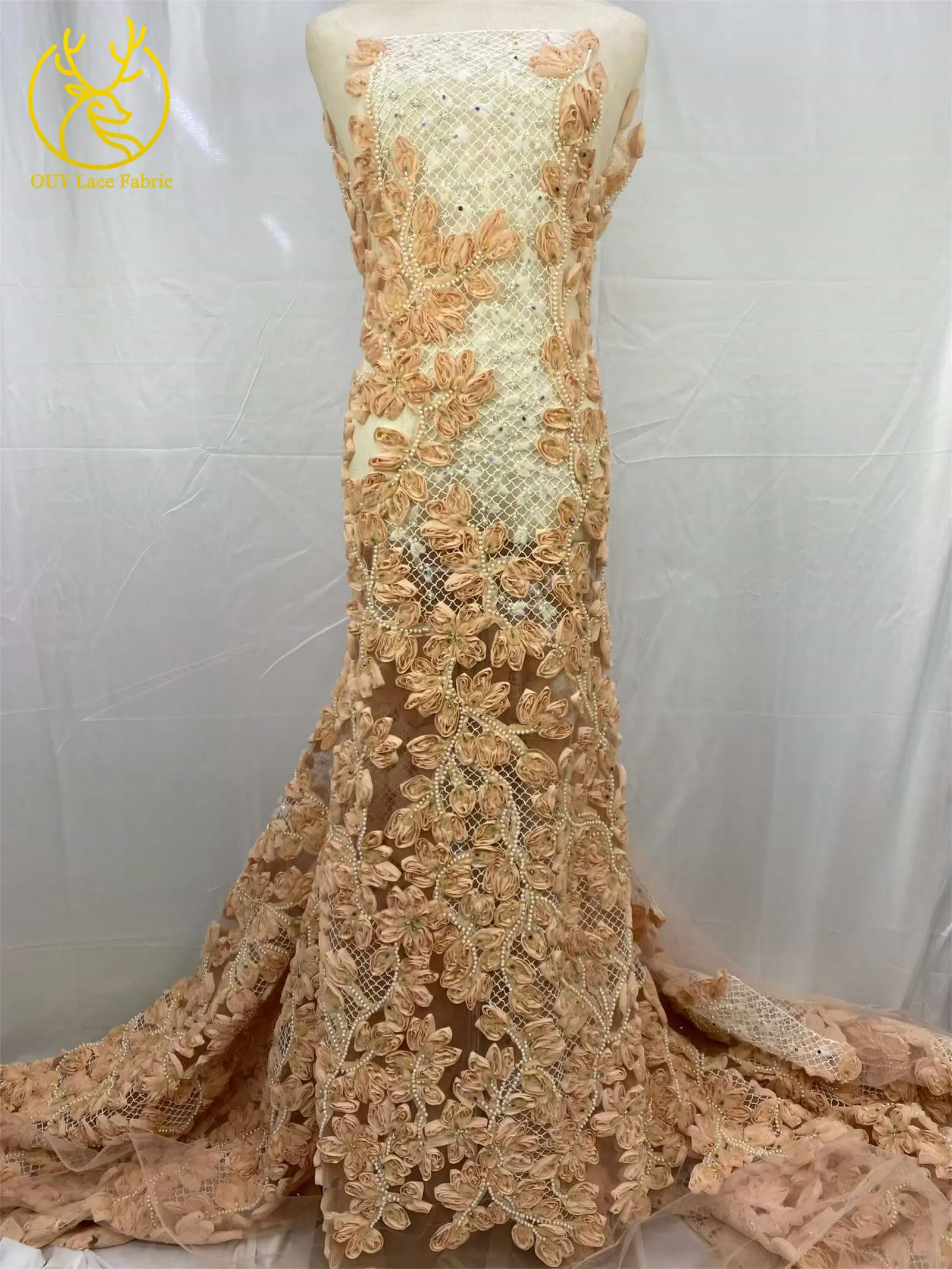 2026 Modische französische Mesh-Spitze mit Perlen und Pailletten, 3D Hochwertige nigerianische Spitze für Brautkleider und Hochzeitskleider, 5Y – Detail 4