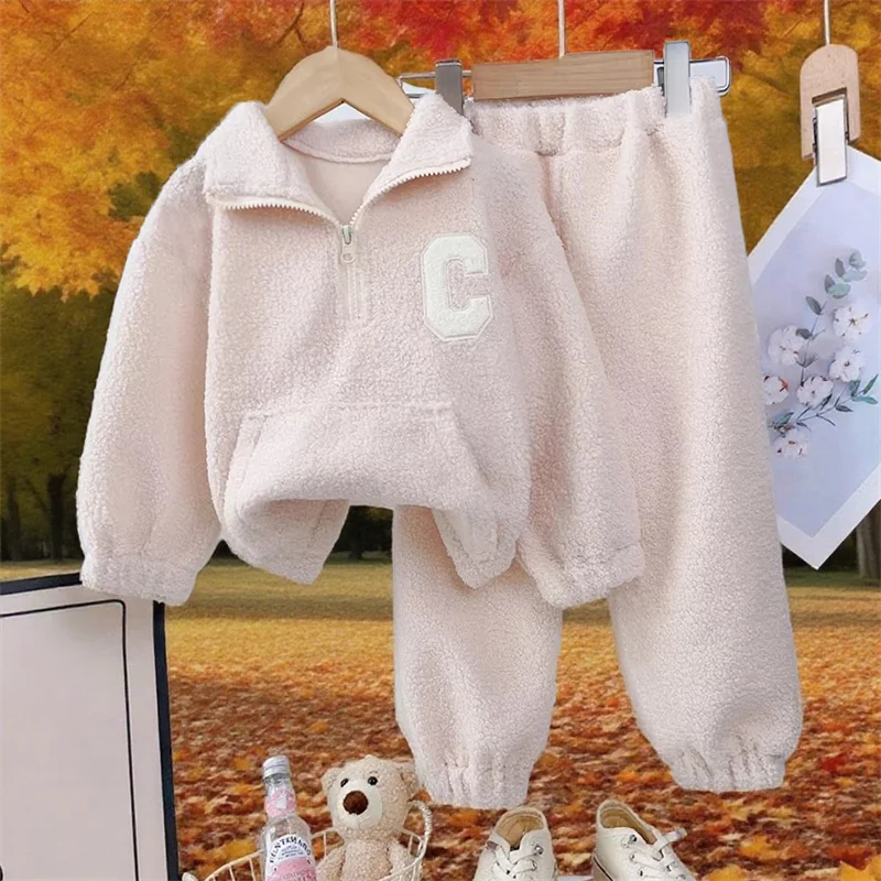 

Boys Girls Sets New Children Autumn Lamb Fleece Suit Toddler Standing Collar Pullover Top+Pants 2Pcs Kids' Fashion Outfits