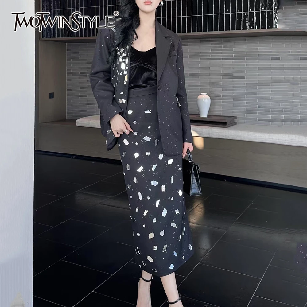 TWOTWINSTYLE Solid Spliced Diamond Two Piece Set Female Lapel Long Sleeve Jacket Office Lady Women's Skirt Set Autumn Fashion