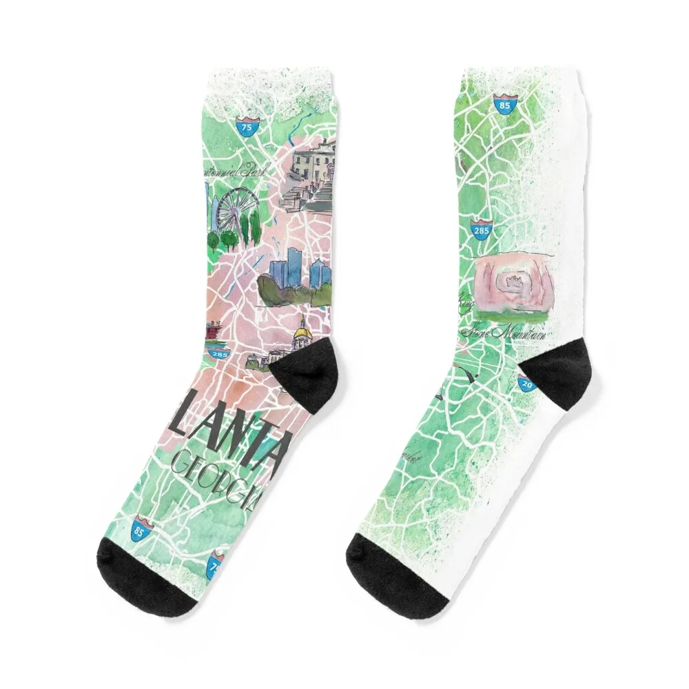Atlanta Georgia USA Illustrated Map with Main Roads Landmarks and Highlights Socks compression man Children's Socks Woman Men's
