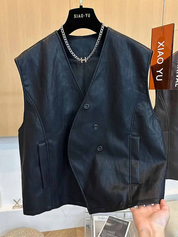 

Loose Fit PU Leather Vest Men's Faionable Versatile Svel V-Ne Jaet Trendy Autumn Outerwear Large Size 300 Pou