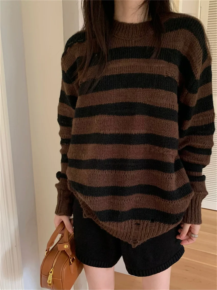 

Alien Kitty Retro Hole Women Mid-Length Sweaters Autumn Knitted 2023 Chic OL Loose Outwear Warm Oversize Casual Daily Stripes