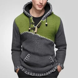 Pullovers Men Sweatshirts Sweaters Pockets Casual Loose Splice Hooded Knitted Drawstring Regular Thick Tops Autumn Winter