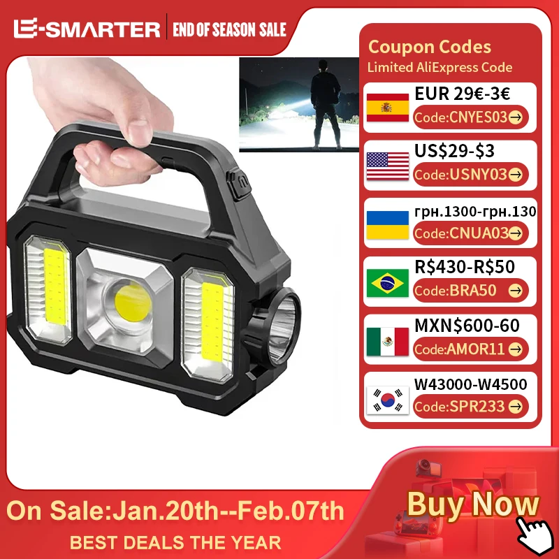 High Power Led Flashlights Rechargeable Camping Work Light Multi Functional Portable Light Solar Charging 6 Lighting Modes