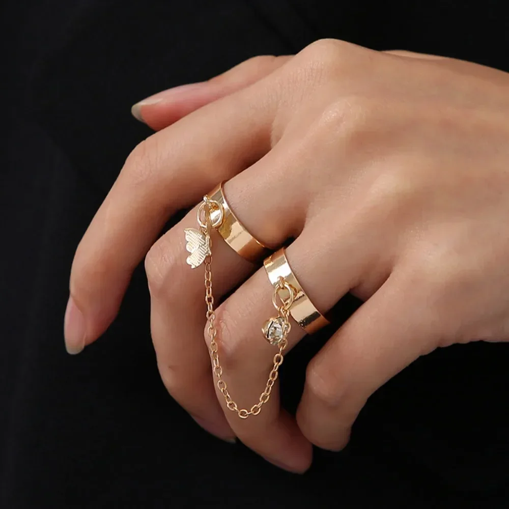 Y2k Accessories Butterfly Mittens Chain Finger Rings for Women Girls Gold Color Silver Color Charm Pendant Ring Jewelry Gift