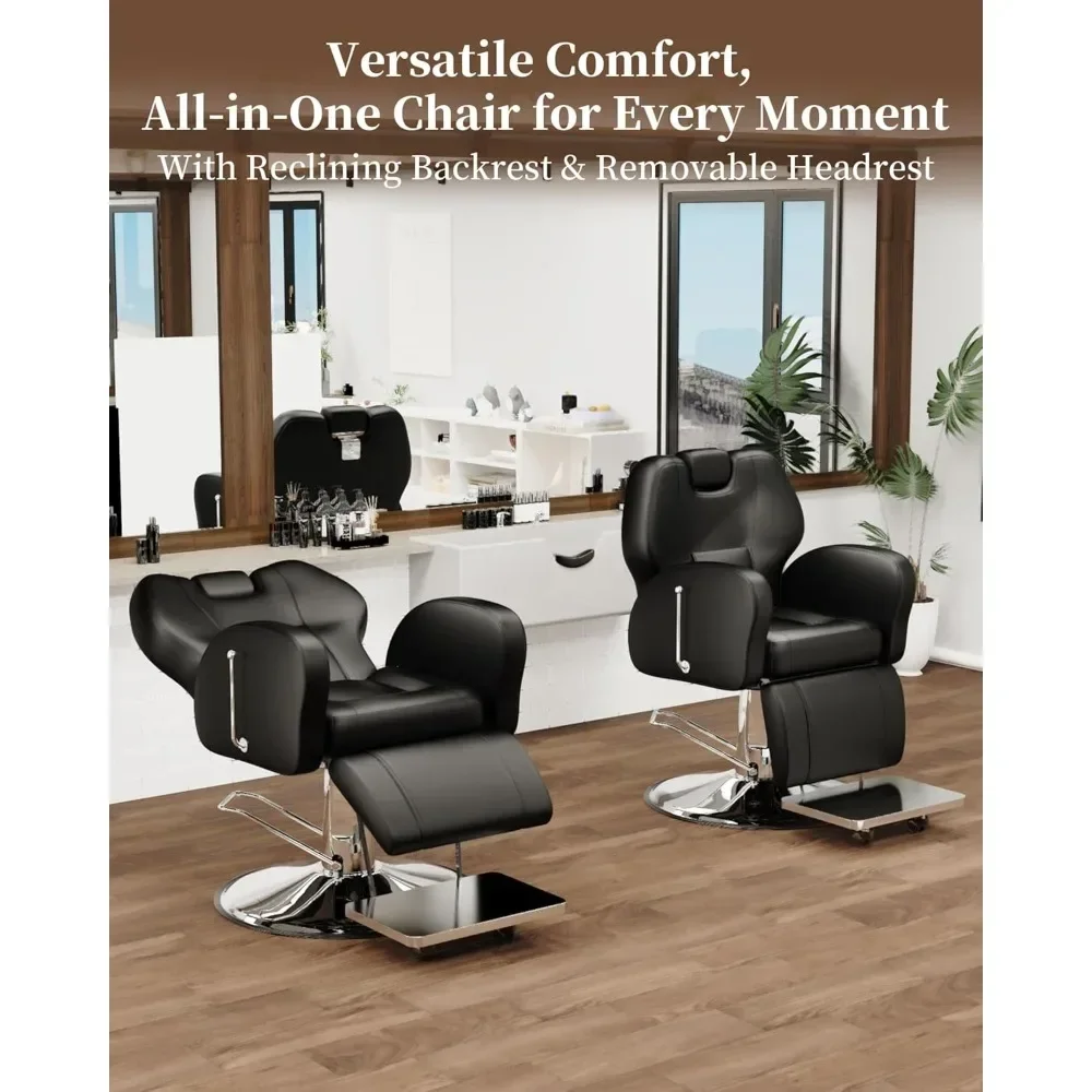 Reclining Barber Chair, All-Purpose Hair Chair with Heavy-Duty Steel Frame,Beauty Chair with Removable Headrest