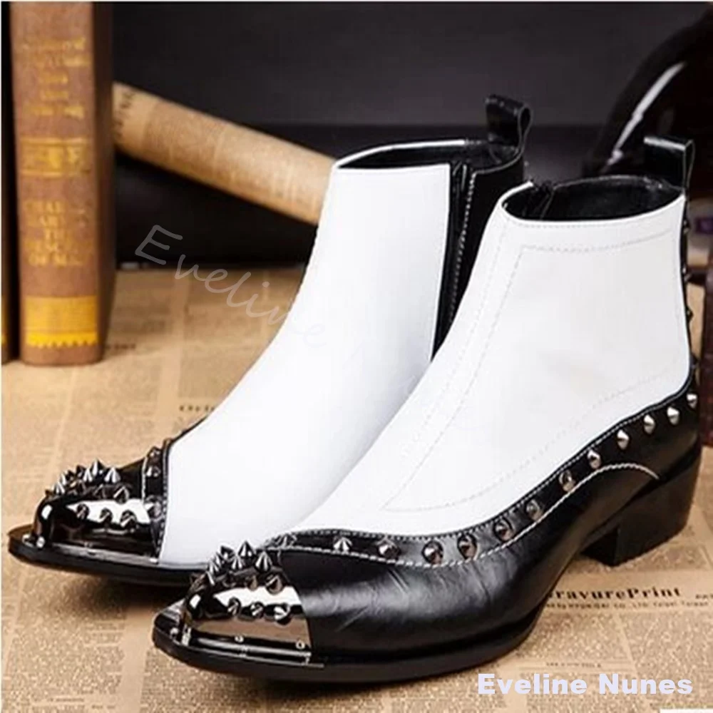 Men Black White Color Block Ankle Boots Pointed Toe Metal Toe Cap Rivet Decor Side Zipper Low Heel Punk Rock Leather Short Boots