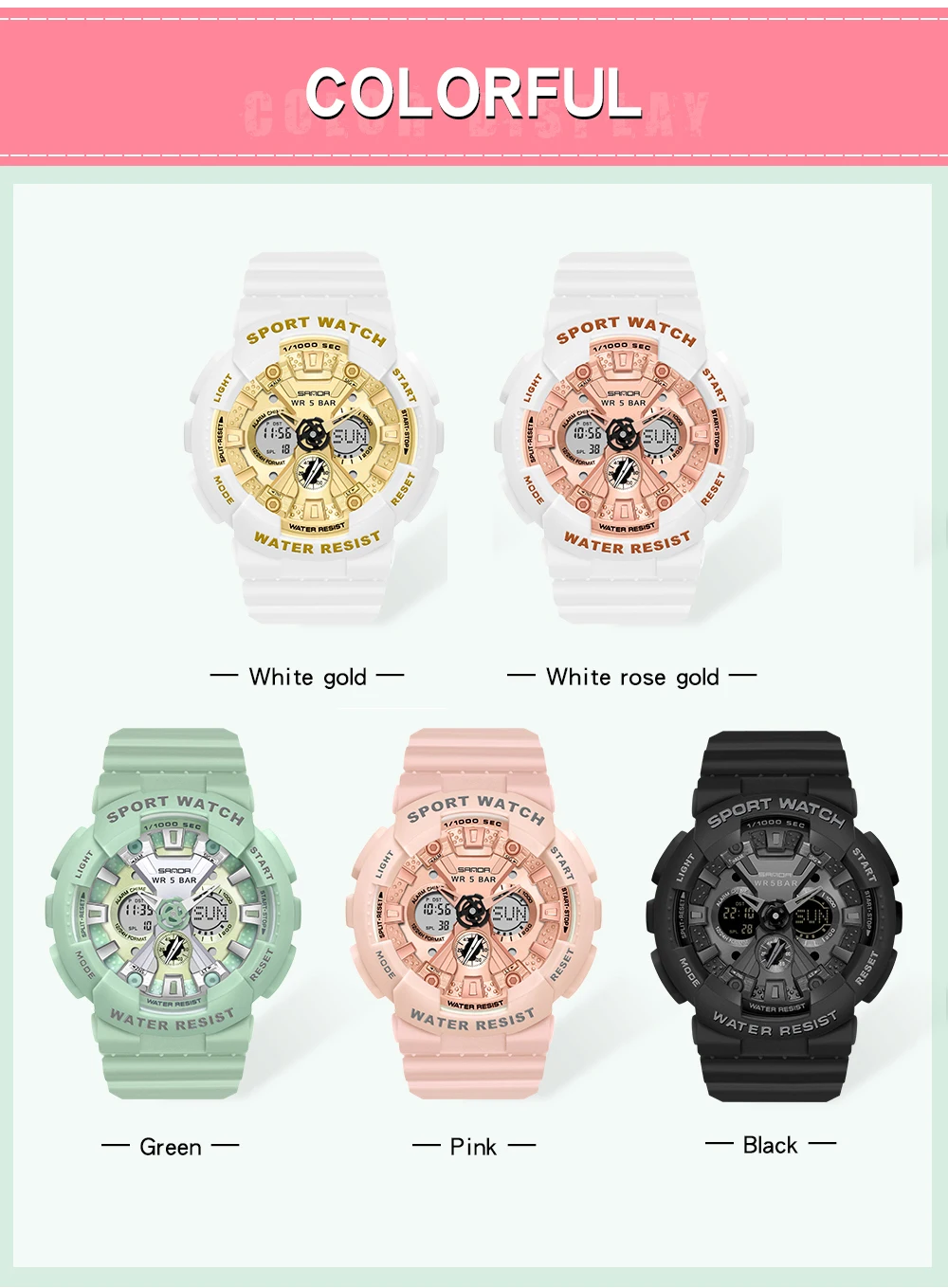 SANDA 6068 다기능 전자 시계, 방수 듀얼 디스플레이, 발광 LED 디지털 시계, 패션 여성 시계