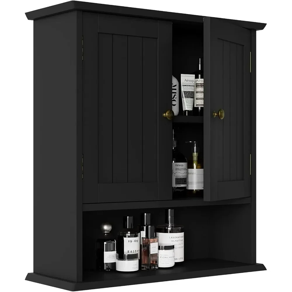 

Black small bathroom cabinet wall mounted with 2 adjustable shelves, located above the toilet