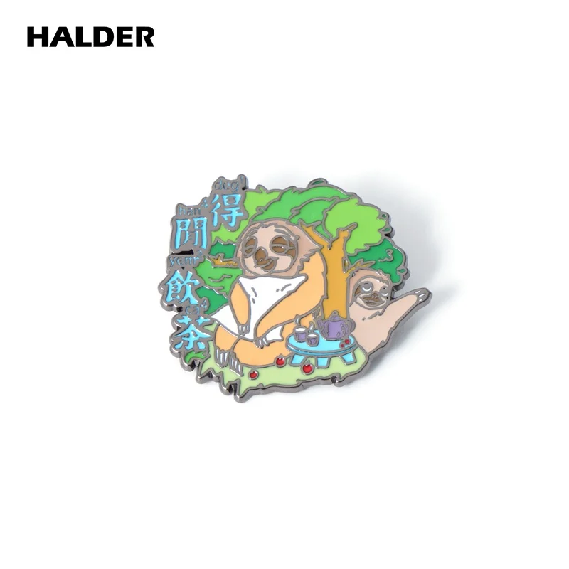 HALDER Cantonese Sloth Drink Tea in One's Leisure Enamel Brooch Lapel Pin backpack Costume Canvas Bag Badge Gift