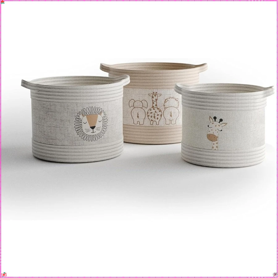 Cestas de armazenamento decorativas para vida selvagem - conjunto de 3 com alça para fácil transporte em marfim, bronzeado e linho