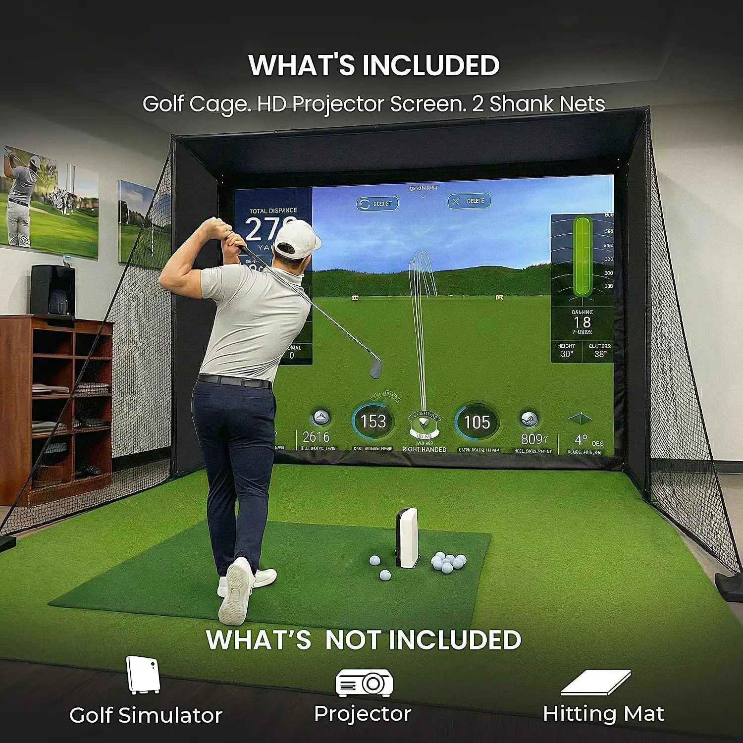 Golf Simulator Enclosure for Home 10x8 ft Cage with HD Impact Sim Screen Two Shank Nets and Corner Foam Padding for Practice at Indoor Garage - view 2