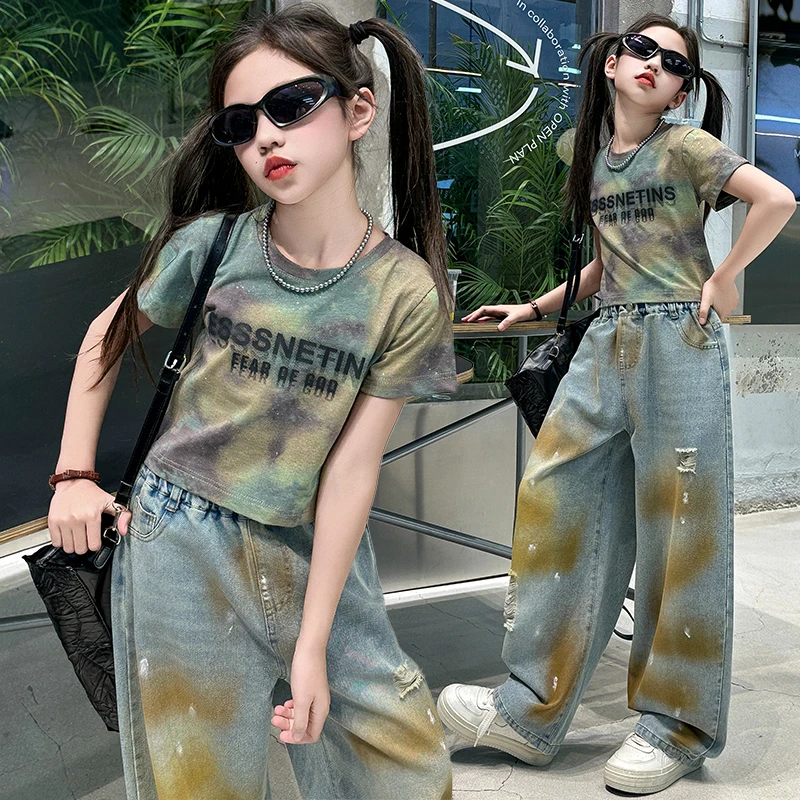 

ensembles fille enfant 8 10 12 14 cotton Tie dyed T-shirt+hole Wide leg jeans 2pcs teen girls clothes set child outfits kid suit