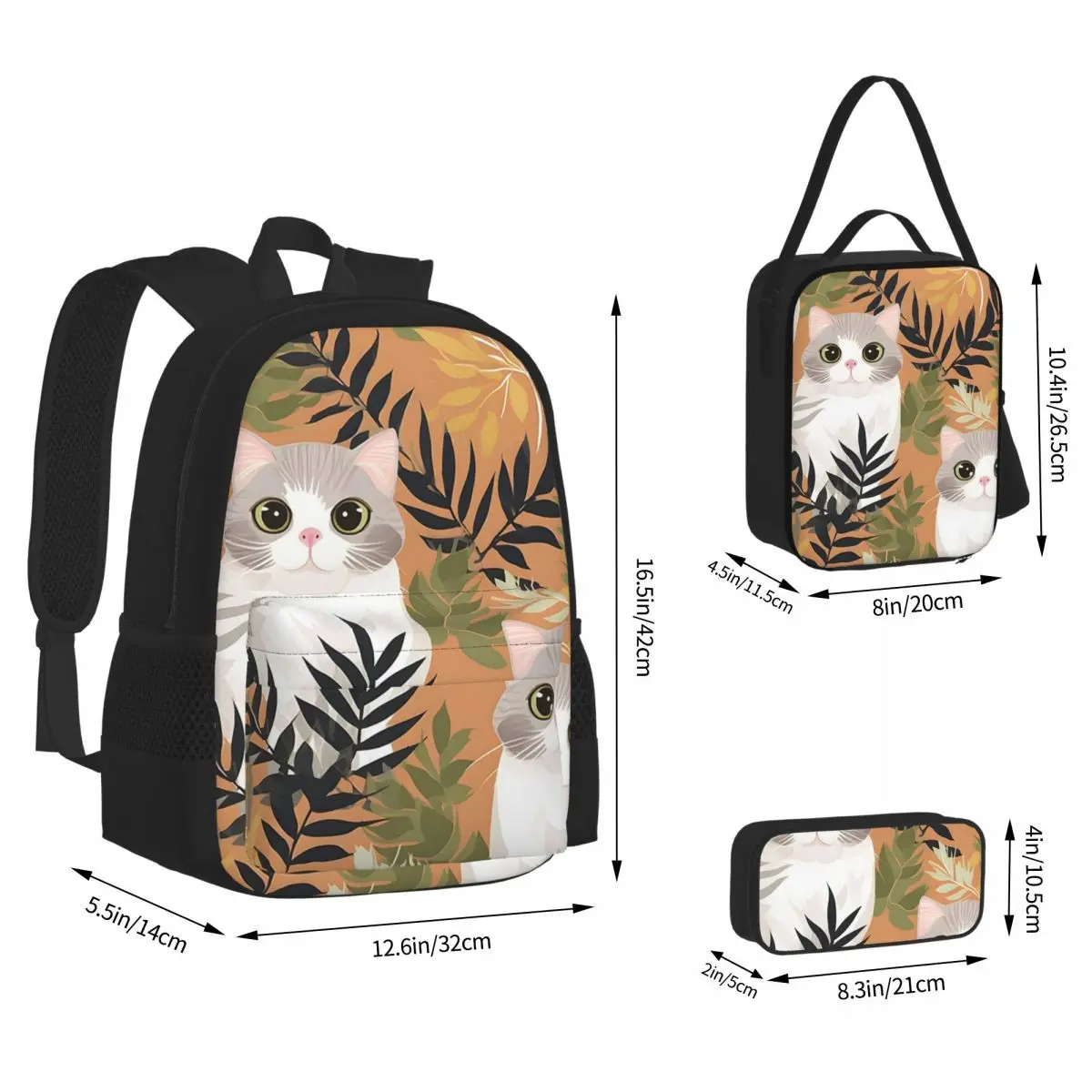 Gray Ginger And Siamese Kittens Cats Backpacks Bookbag Students School Bags Kids Rucksack Lunch Bag Pen Bag Three-Piece Set