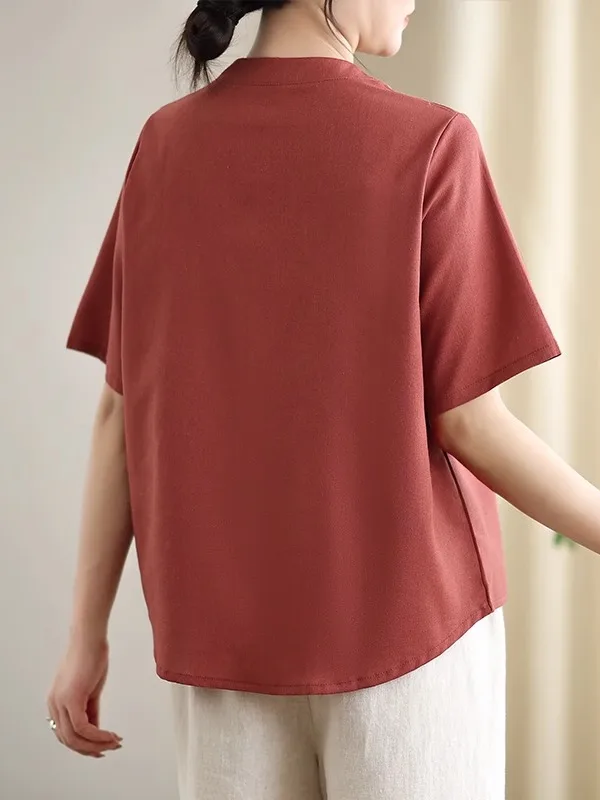 New Chinese Sle Embroidered Cotton Linen ort Sve T-irt Women Summer Vintage Button Stand Collar Linen irt Top