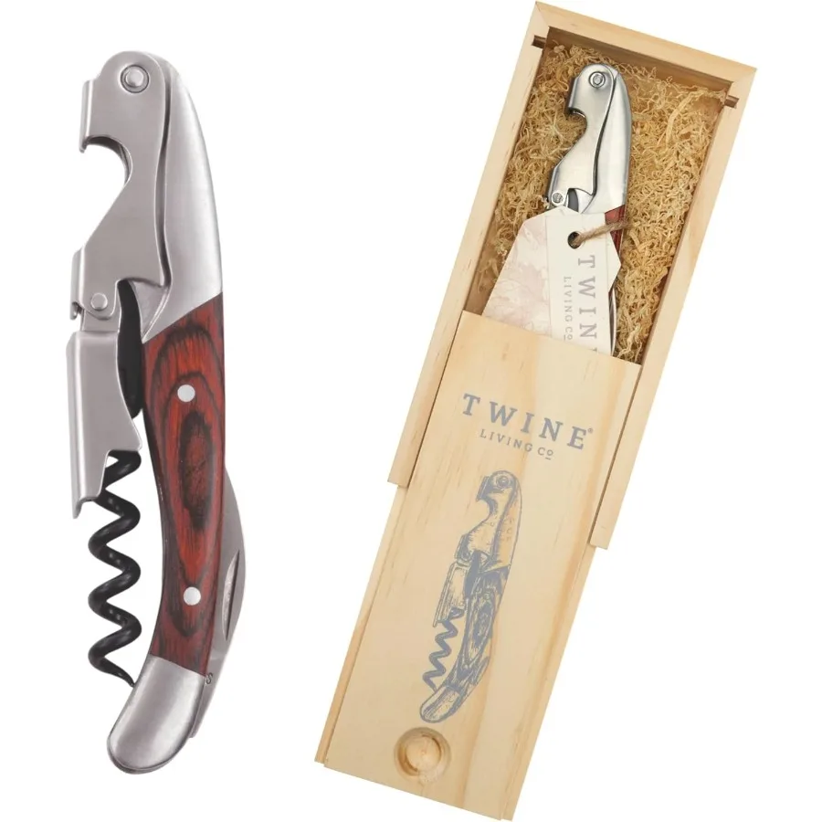 

Wood Handle Double HInged Corkscrew Stainless Steel Wine Key with Foil Cutter