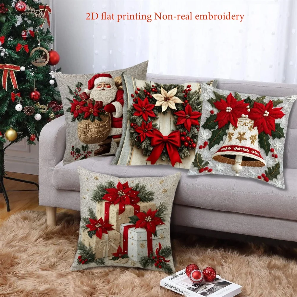 Christmas Throw Pillow with Santa Wreath Bell and Gift Patterns -Double-Sided Design,Soft Plush Cushion with Insert,Perfect Gift
