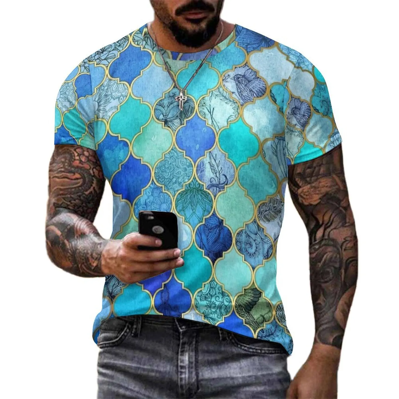 Blue Botanical Gold Moroccan Tile T-Shirt  Trending T Shirts Man Funny Tshirt Premium Short-Sleeved Design Clothing Plus Size