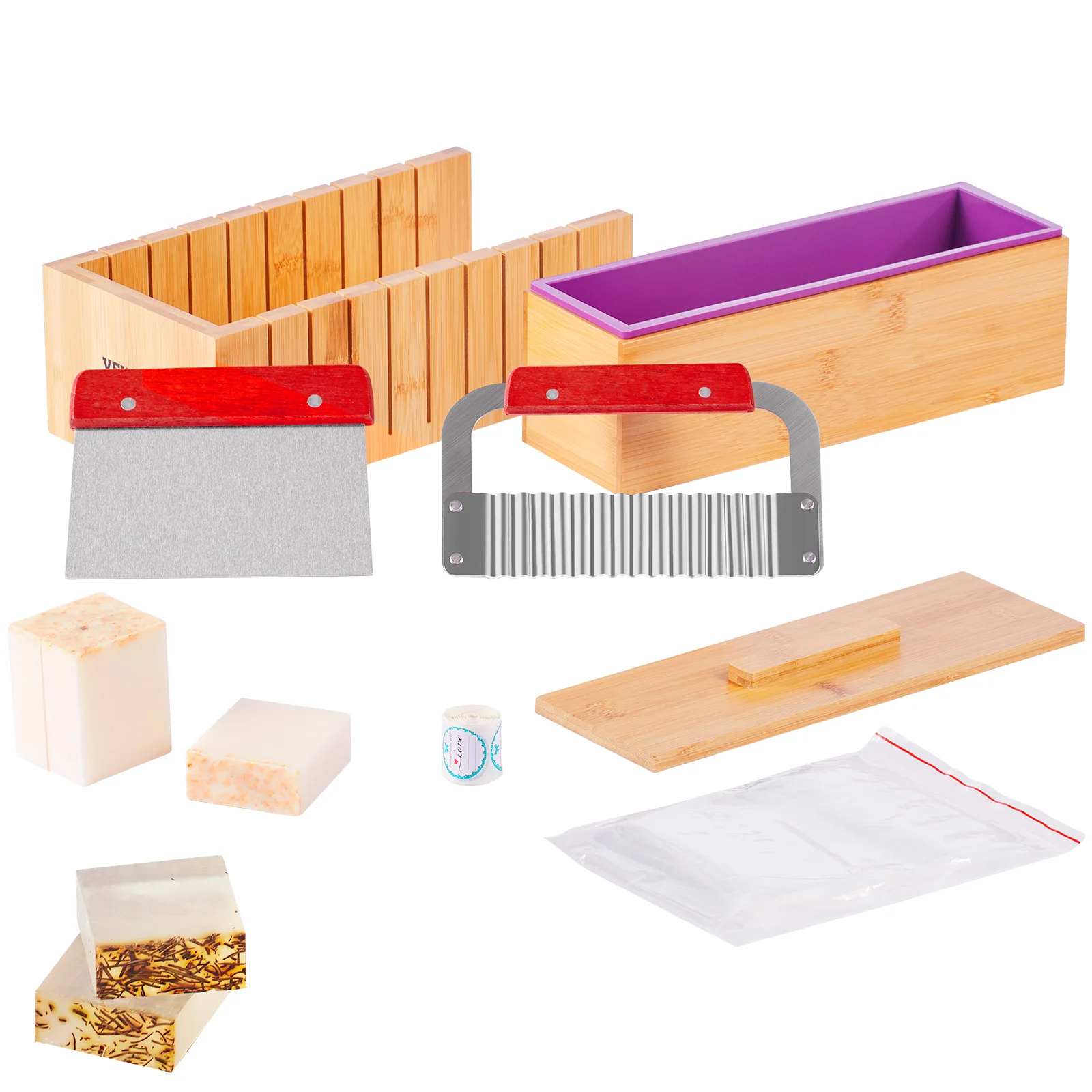 VEVOR Kit para Hacer Jabón, Caja de Corte de Bambú y Caja Interior con Molde de Silicona, Cortador Recto de Acero Inoxidable y Cortador Ondulado, Suministros para Hacer Jabón Queso Vela Bricolaje