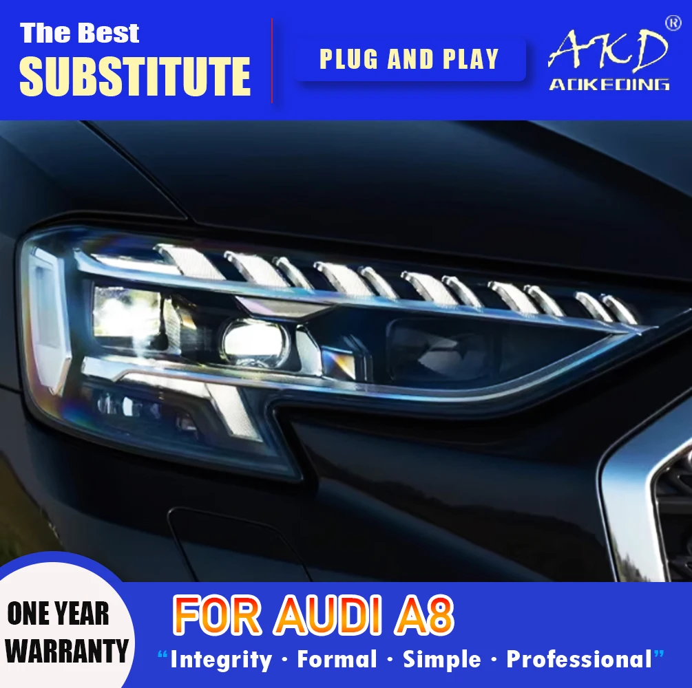 AKD Head Lamp for Audi A8 A8L LED Headlight 2018-2024 Headlights A8 DRL Turn Signal High Beam Angel Eye Projector Lens