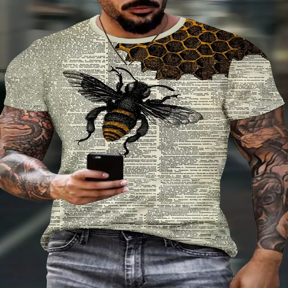 New Summer Plus Size Men\'s Retro Casual Newspaper 3D Printing Fashion Round Neck Pullover Short Sleeve Loose Top Design Harajuku