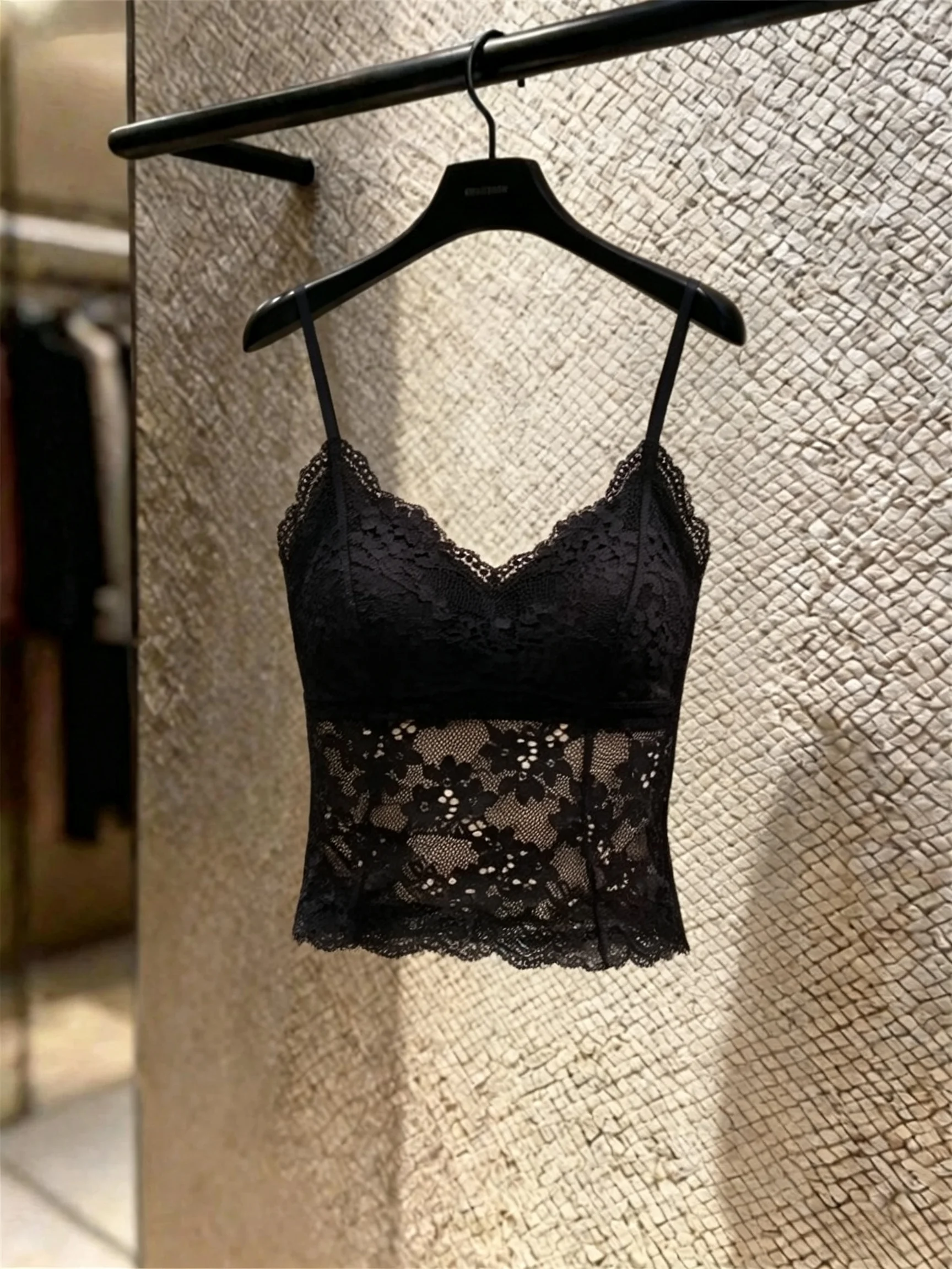 High-End Sexy Lace Hollow out Strap Vest Women's Gathered Beautiful Back Inner Wear with Chest Pad Top by Nan You