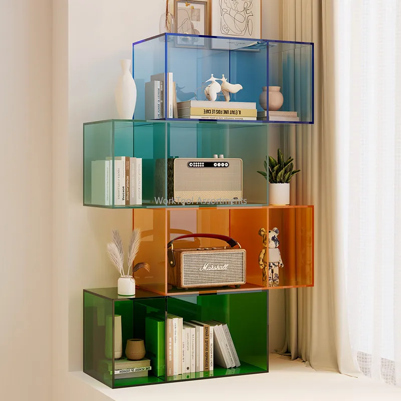 Modular Colorful Acrylic Cube Bookshelf Freestanding Storage Bookcase For Bedroom Bay Window Corner Student Home Organizer