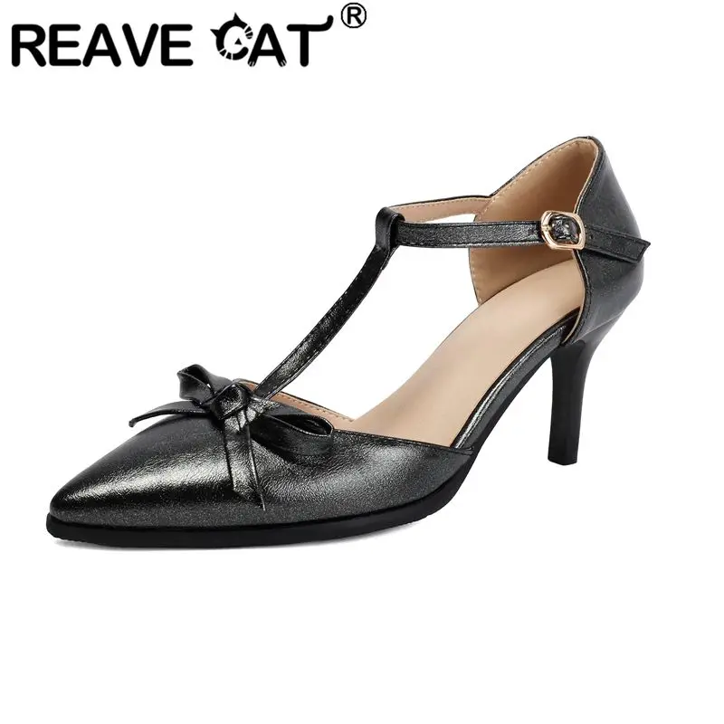 

REAVE CAT Green Women Sandals Pointed Toe 7.5cm Thin Heel Buckle T-Strap Butterfly Knot Plus Size 45 46 47 48 Sexy Dating Shoes