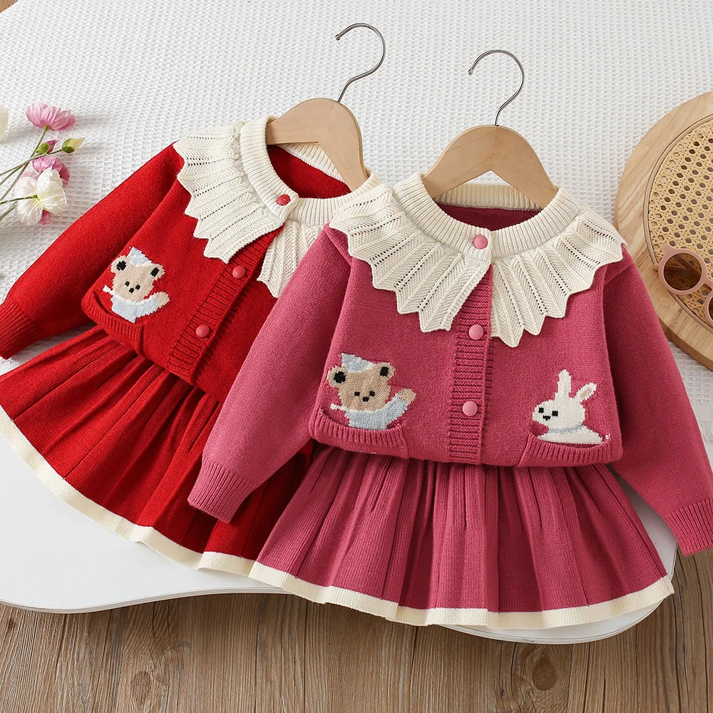 Children\'s sweater set girls autumn winter knitted cardigan long-sleeved jacket + checkered pleated skirt set 1-6 years