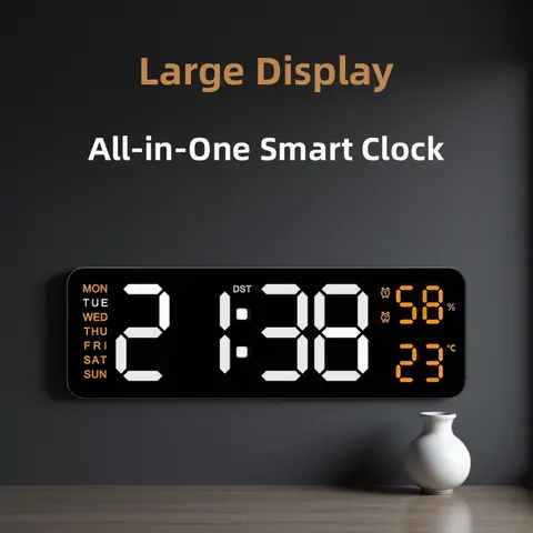 9 Inch Large Digital Wall Clock USB Powered TEMP Humidity Week Auto Dimmer DST Table Clock 12/24H Electronic LED Alarm Clock
