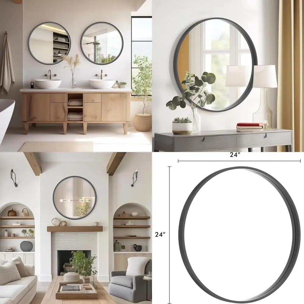 

24 Inch Circular Wall Mirror - Black Frame for Bathroom, Vanity, Living Room, and Entryway