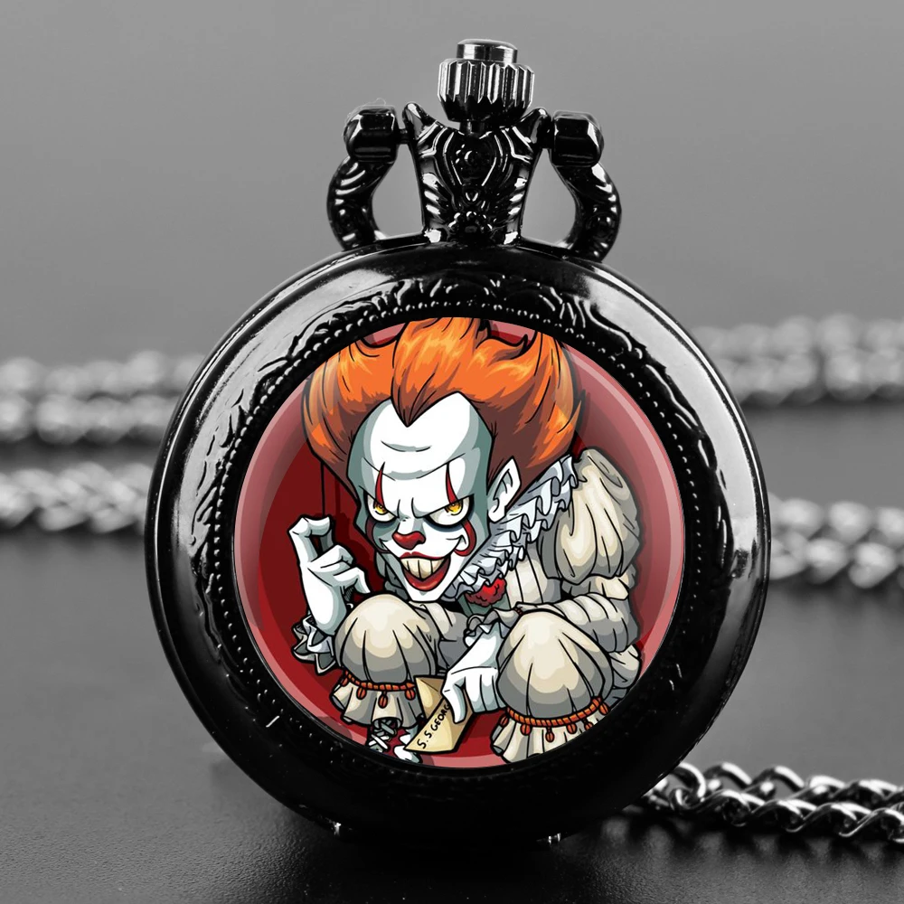 Cartoon Pennywise szklana kopuła Vintage cyfry arabskie kwarcowy zegarek kieszonkowy naszyjnik wisiorek łańcuszek zegarowy mężczyźni kobiety dla miłośnika anime