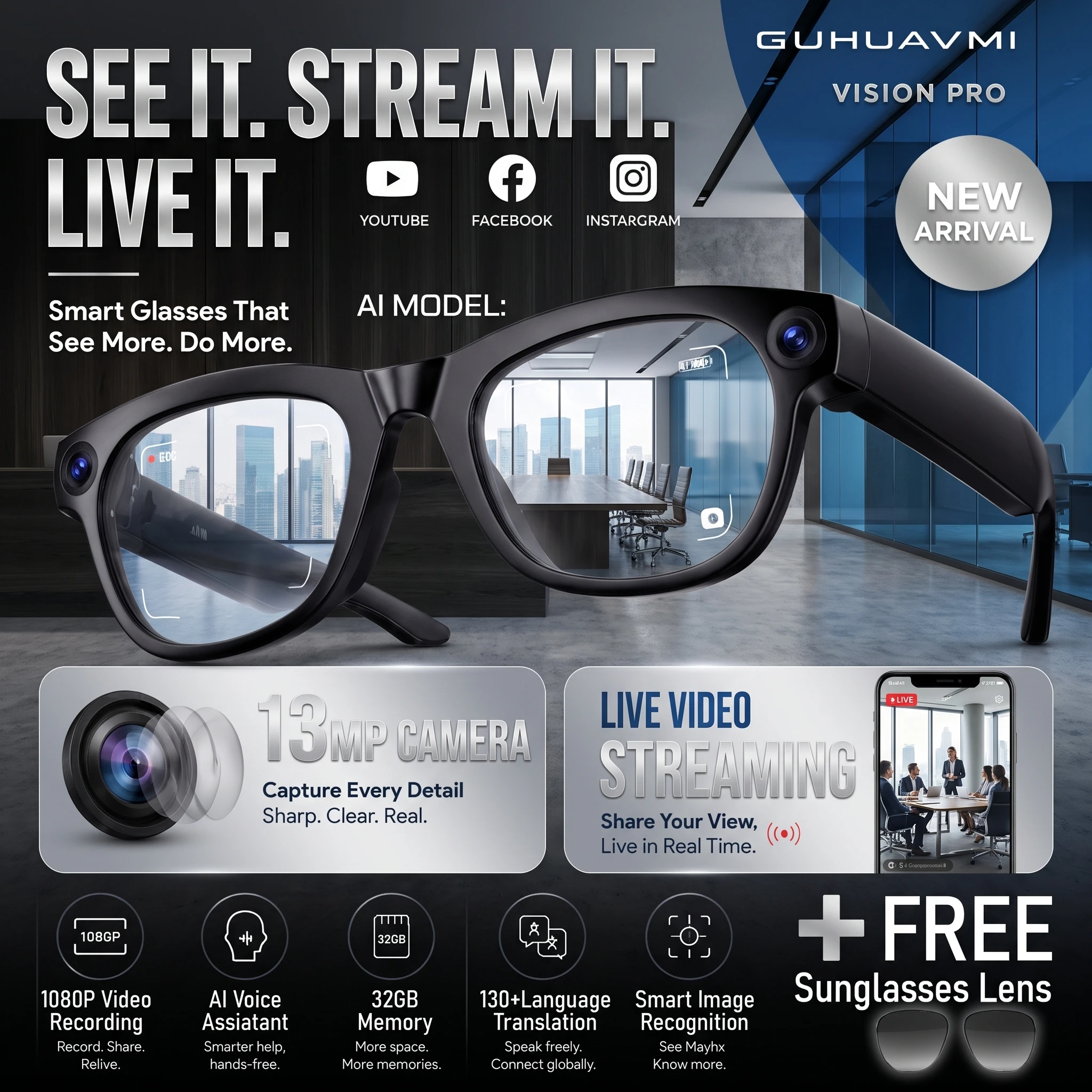 2026 New Vlog Live Streaming Smart Glasses Men 13MP HD Camera 1080P Video Recording AI Chat 32GB UV Protection Sunglasses Women