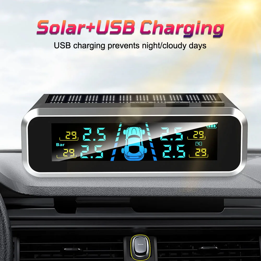 4 capteurs externes, systèmes d'alarme de sécurité automobile, système de surveillance de la pression des pneus, affichage numérique LCD, 0-6,0 bars, USB/solaire TPMS