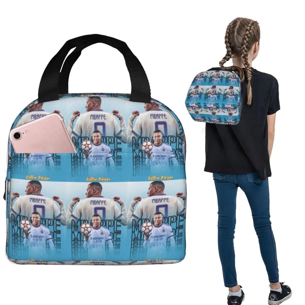 Football KM Mbappe Soccer Insulated Lunch Bag for Women Kids Leakproof Food Boxes Thermal Lunch Box Tote
