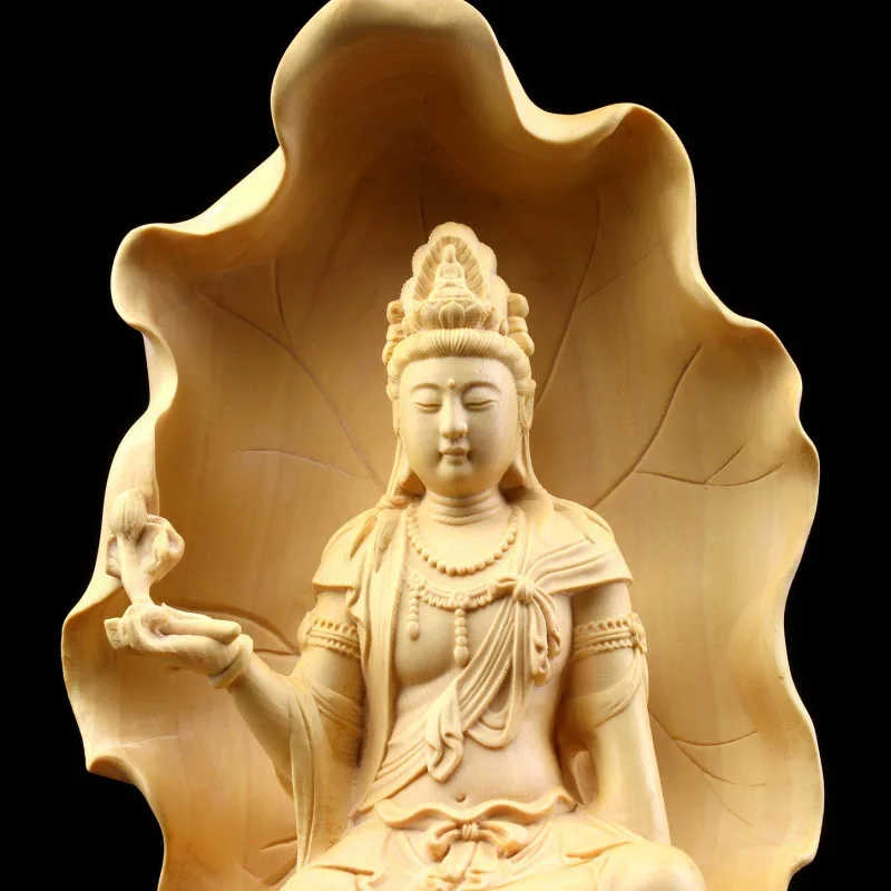 Yellow Boxwood Carved Avalokiteshvara (Guanyin) Figurine on Lotus Flower - 18cm High, Home Altar and Temple Decor