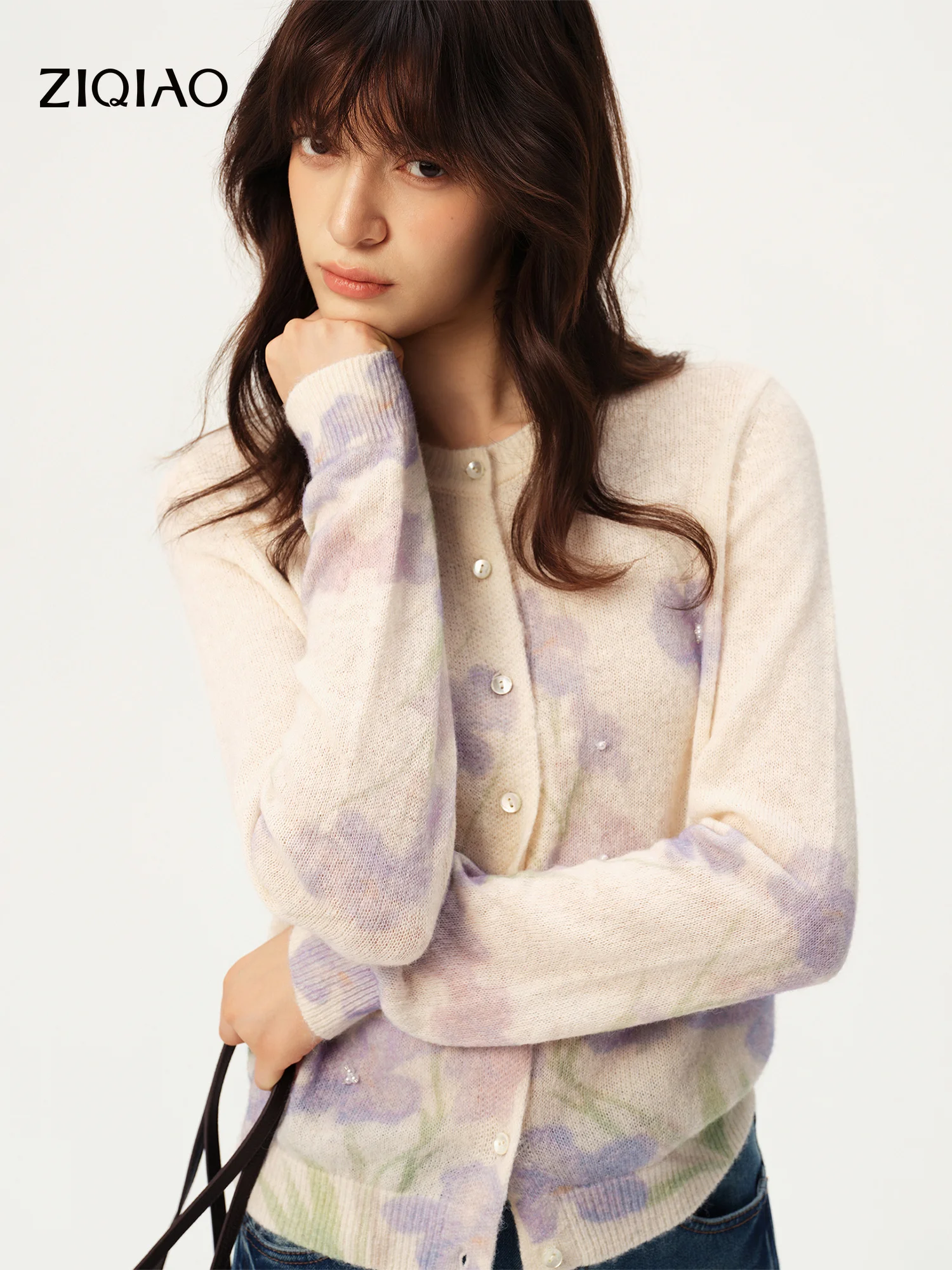 ZIQIAO 2026 Fall New Women's Ink‑Wash Print Wool‑Blend Knit Sweater Crew‑Neck Cardigan Hand‑Beaded Elegant Long‑Sleeve Top