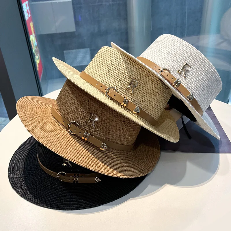 Luxury Designer Summer Panama Reinstone R Letter Belt Buckle Flat Top Sun Hat Lady Travel Sunshade Big Brim Straw Hats Fedora