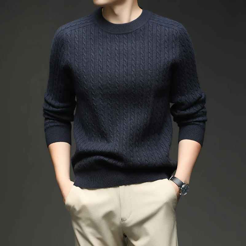 

Autumn Winter Solid Color Luxurious Sweater Cable Knit Long Sleeve Thickened Warm Pullover Knitted Sweater Round Neck Base Shirt