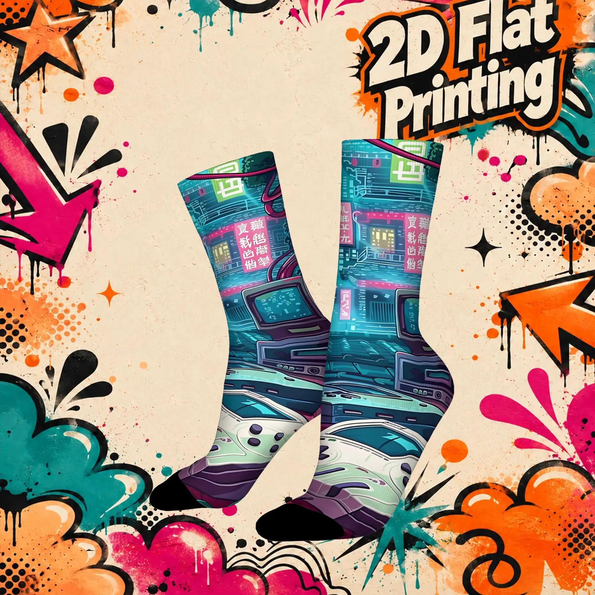 Fashion Vintage Color Game Console Crisis Print Crazy Men's  Crew Sock Unisex  Funny  compression Socks