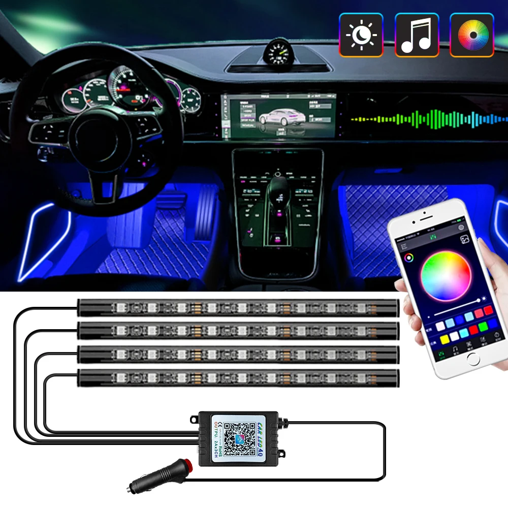 Multiple Modes Neon Car Ambient Light Universal LED Foot Strip RGB Back Light Remote App Music Control Ambient Decorative Lamp