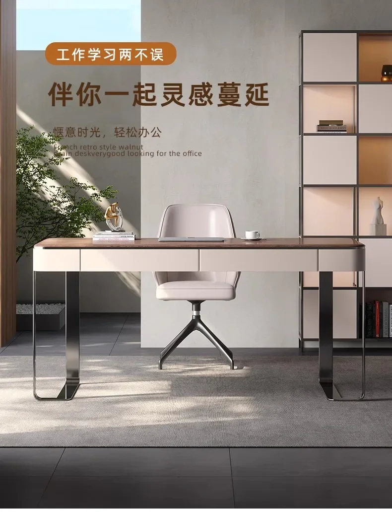 

Italian Minimalist Solid Wood Desk Light Luxury Modern Simple Home Study Desk Designer Saddle Leather Computer Desk