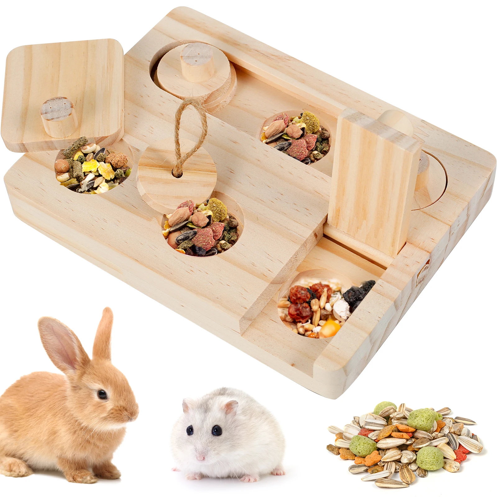 Guinea Pig Foraging Toys 6 In 1 Wooden Hamster Interactive Enrichment Toys Puzzle Treat Dispenser Toys Mental Stimulation Toy