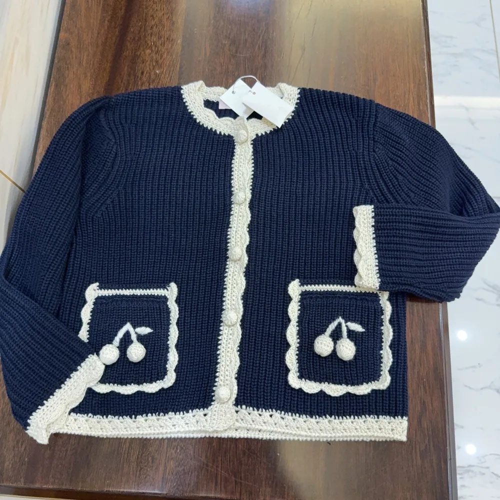 Fashionable French style ladies' jacket coat High quality girls' knitted jacket Handmade cherry crochet pocket baby girl clothes